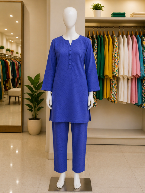 Sapphire Blue Textured Lawn Suit – Ready-to-Wear 2 Piece Set