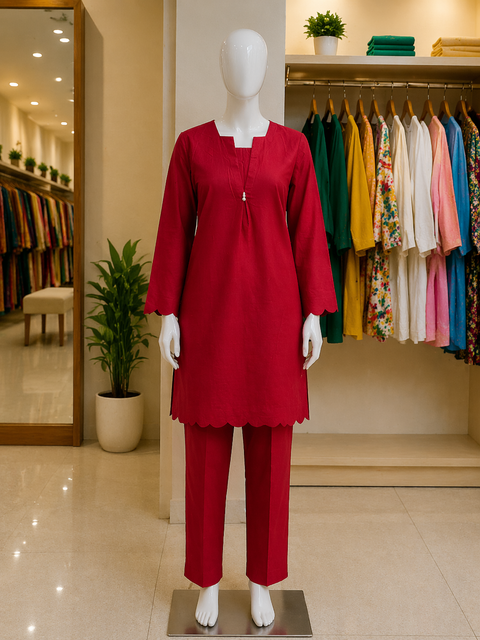 Crimson Scallop Lawn Suit – Ready-to-Wear 2 Piece Set