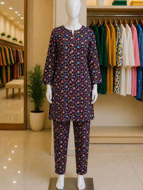 Midnight Pop Floral Lawn Suit – Ready-to-Wear 2 Piece Set