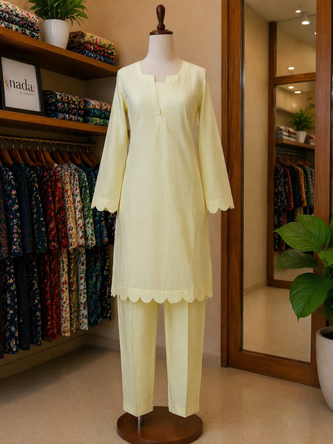 Lemon Glow Scallop Lawn Suit β Ready-to-Wear 2 Piece Set