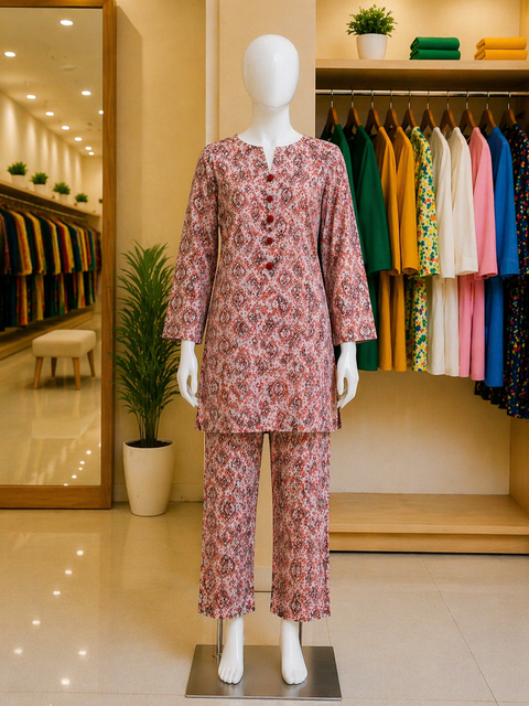 Rosewood Mosaic Ready-to-Wear 2 Piece Suit | Printed Straight Kameez & Matching Trouser | Soft Everyday Modest Wear for Women | Yalla Printing UAE