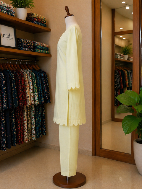 Lemon Glow Scallop Lawn Suit β Ready-to-Wear 2 Piece Set