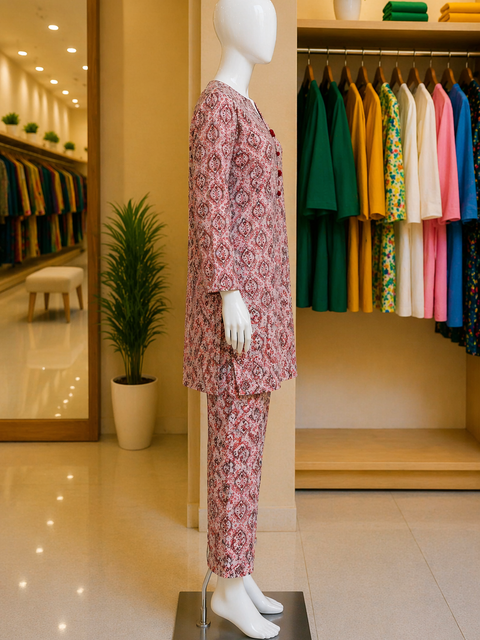 Rosewood Mosaic Ready-to-Wear 2 Piece Suit | Printed Straight Kameez & Matching Trouser | Soft Everyday Modest Wear for Women | Yalla Printing UAE