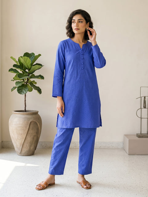 Sapphire Blue Textured Lawn Suit β Ready-to-Wear 2 Piece Set