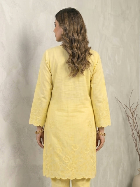 Lemon Yellow Lawn Kurti with Tonal Floral Detail