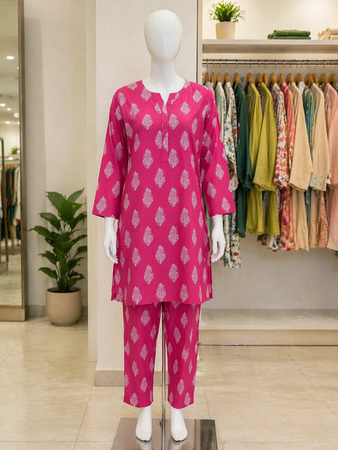 Fuchsia Pink Motif Print Lawn Suit – Ready-to-Wear 2 Piece Set