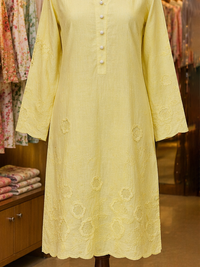 Lemon Yellow Lawn Kurti with Tonal Floral Detail