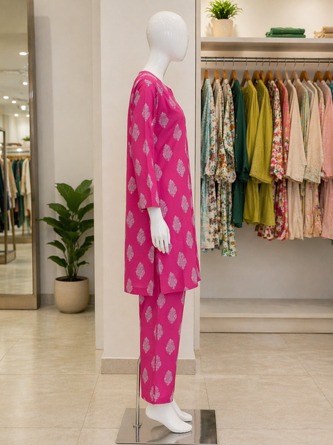 Fuchsia Pink Motif Print Lawn Suit – Ready-to-Wear 2 Piece Set