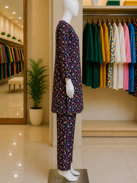 Midnight Pop Floral Lawn Suit – Ready-to-Wear 2 Piece Set