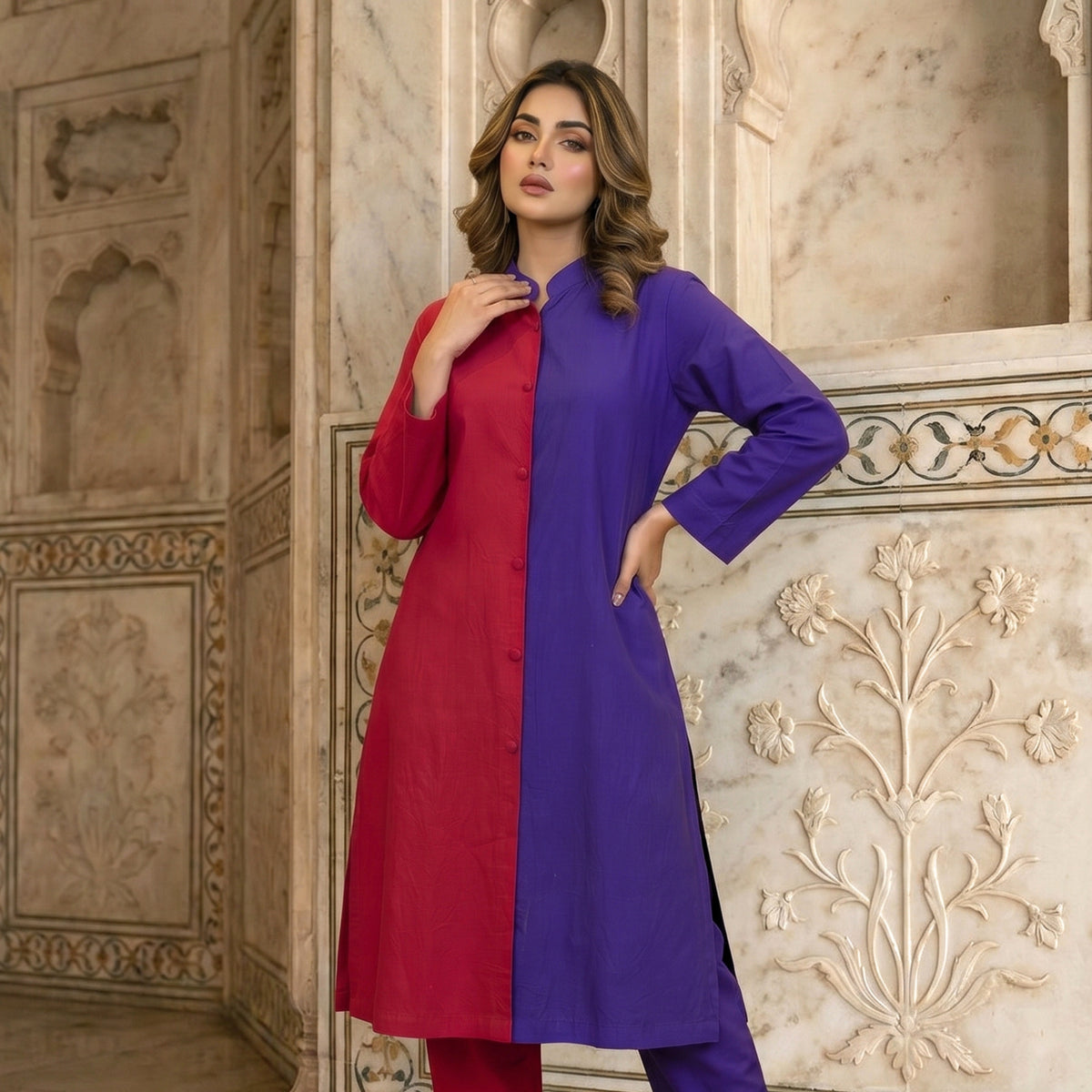 Red & Purple Color Block Lawn Kurti – Bold Everyday Style