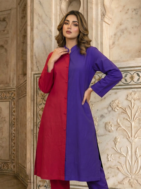 Red & Purple Color Block Lawn Kurti – Bold Everyday Style