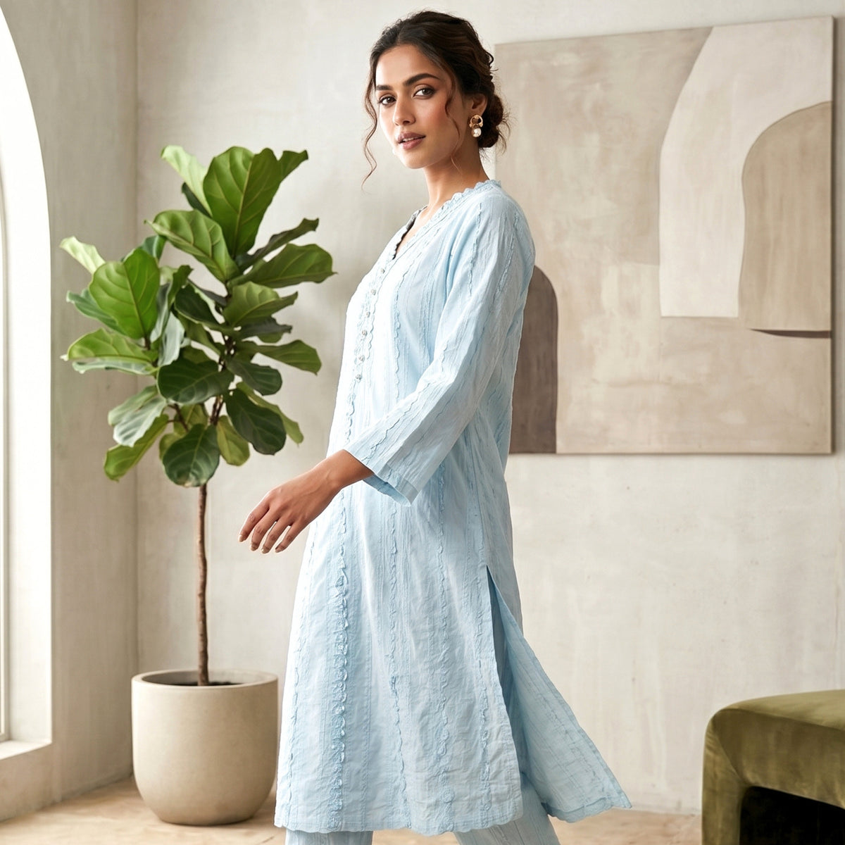 Sky Blue Pearl-Button Lawn Kurti