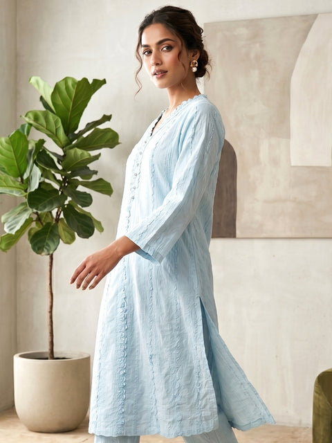 Sky Blue Pearl-Button Lawn Kurti