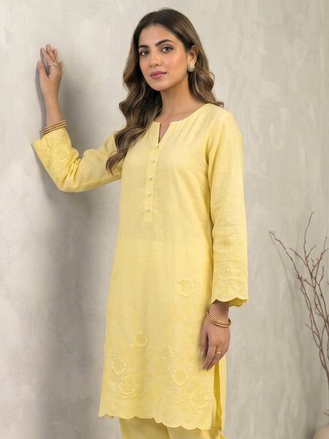 Lemon Yellow Lawn Kurti with Tonal Floral Detail