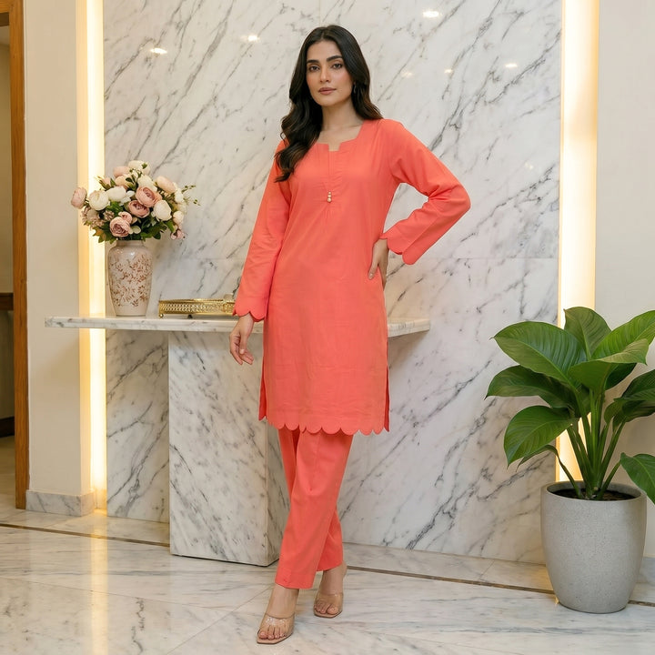 Coral Charm Scallop Lawn Suit – Ready-to-Wear 2 Piece Set