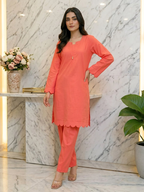 Coral Charm Scallop Lawn Suit – Ready-to-Wear 2 Piece Set