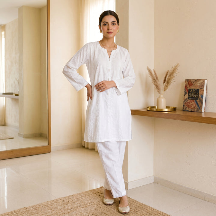 Pearl White Textured Lawn Suit – Ready-to-Wear 2 Piece Set
