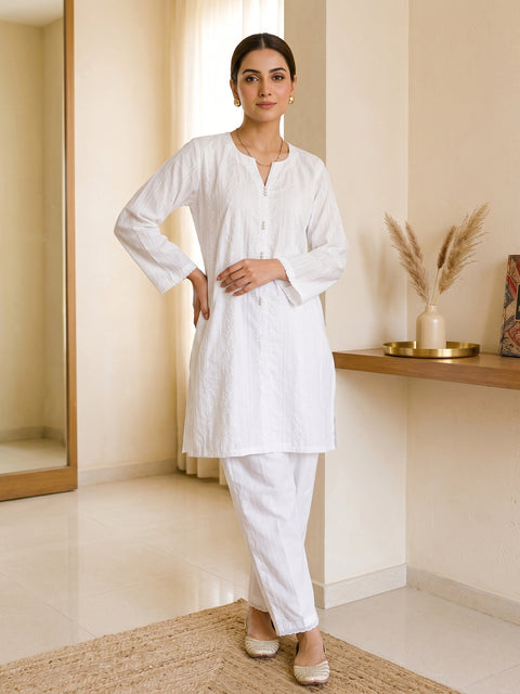 Pearl White Textured Lawn Suit – Ready-to-Wear 2 Piece Set