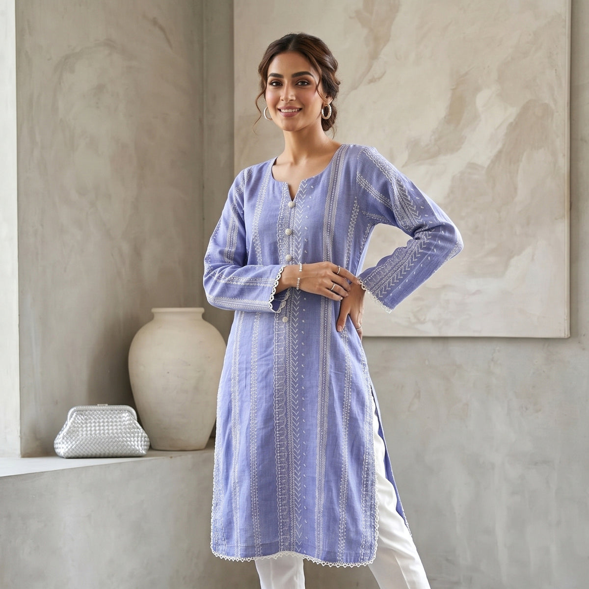 Lavender Blue Printed Lawn Kurti – Elegant 1 Piece