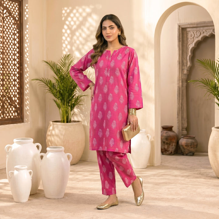 Fuchsia Pink Motif Print Lawn Suit – Ready-to-Wear 2 Piece Set