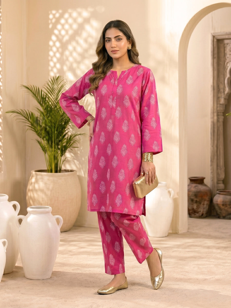 Fuchsia Pink Motif Print Lawn Suit – Ready-to-Wear 2 Piece Set