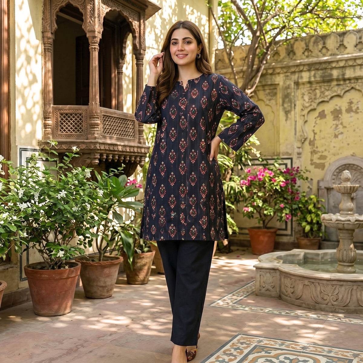 Noir Rosette Lawn Suit – Ready-to-Wear 2 Piece Set