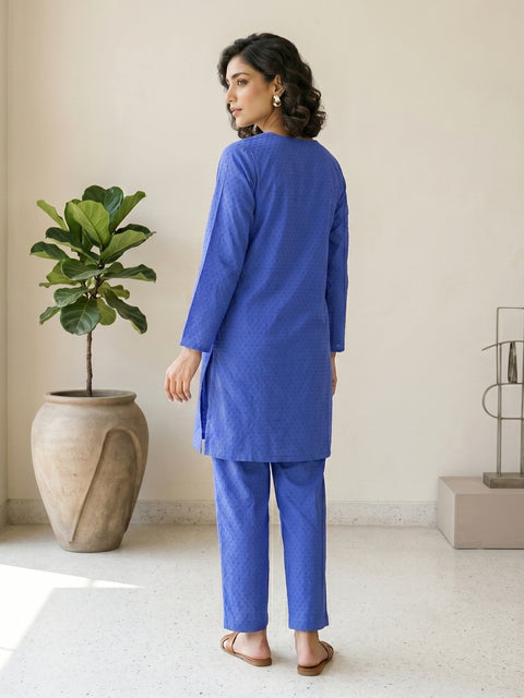 Sapphire Blue Textured Lawn Suit – Ready-to-Wear 2 Piece Set