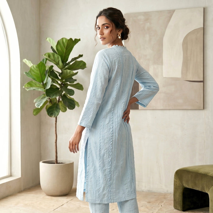 Sky Blue Pearl-Button Lawn Kurti