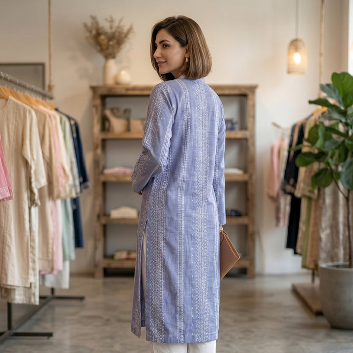 Lavender Blue Printed Lawn Kurti – Soft Everyday Elegance